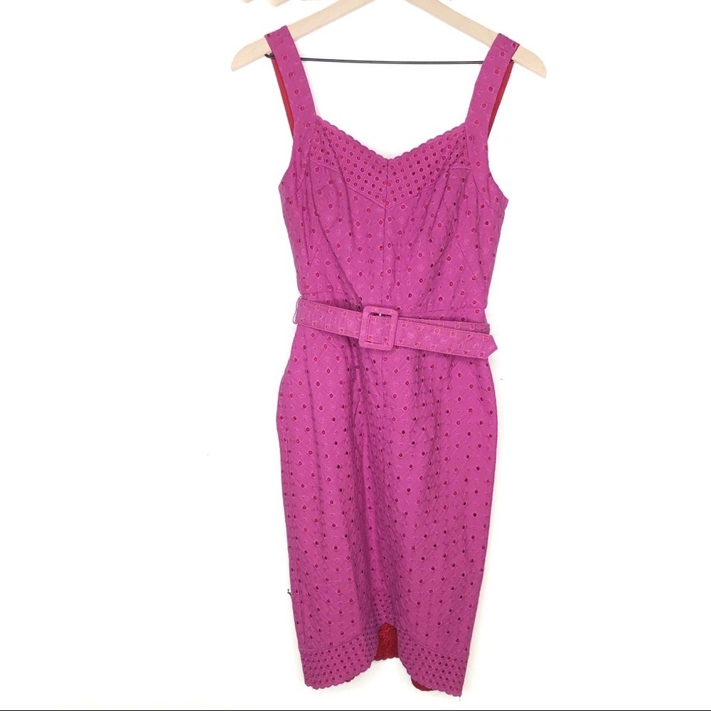 Maggy London Eyelet Lace Midi Dress Pink Magenta Belted Wedding Guest 4